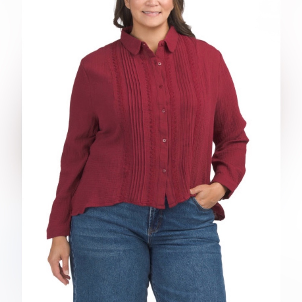NWT merlot cotton LIV Los Angeles pinktuck blouse 1X - Picture 1 of 14
